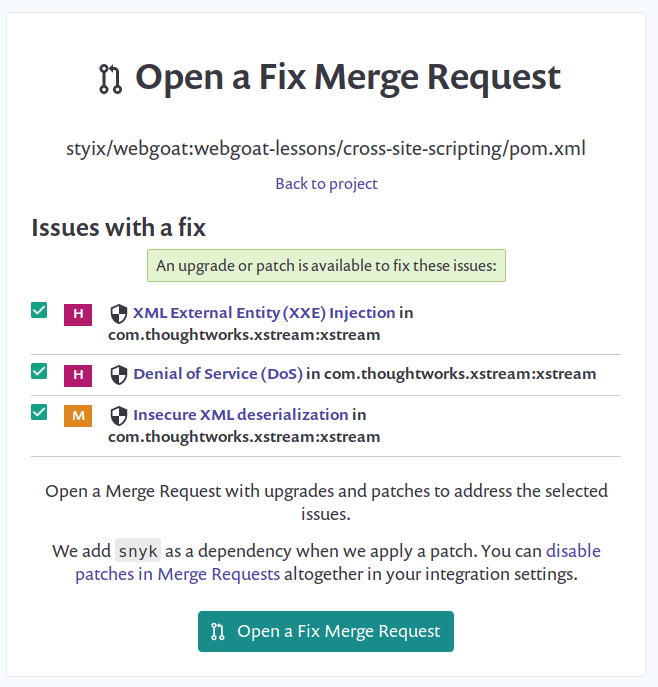 Merge request Snyk